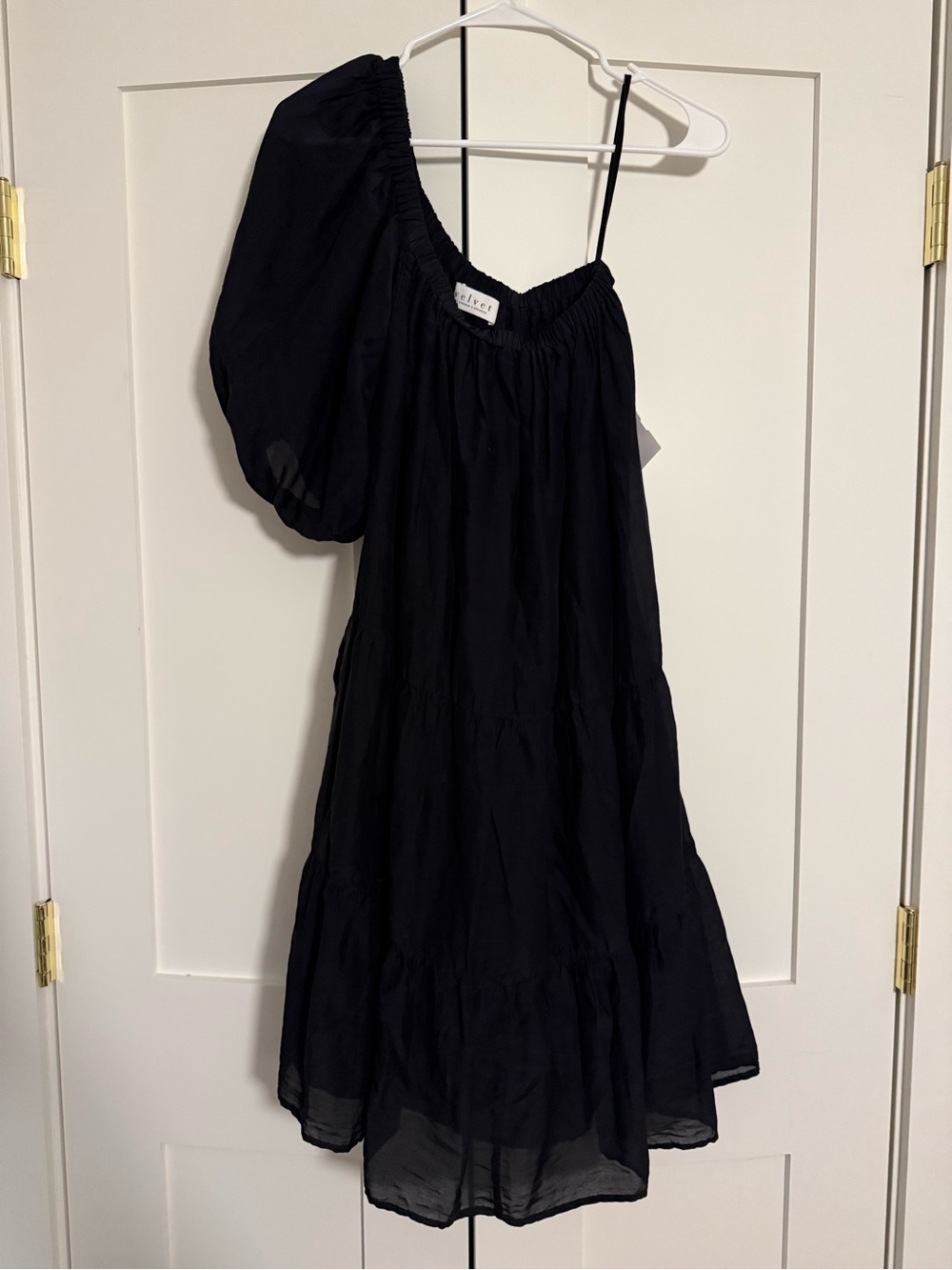 Velvet by Graham & Spencer Black One-Shoulder Tiered Dress with Puff Sleeve